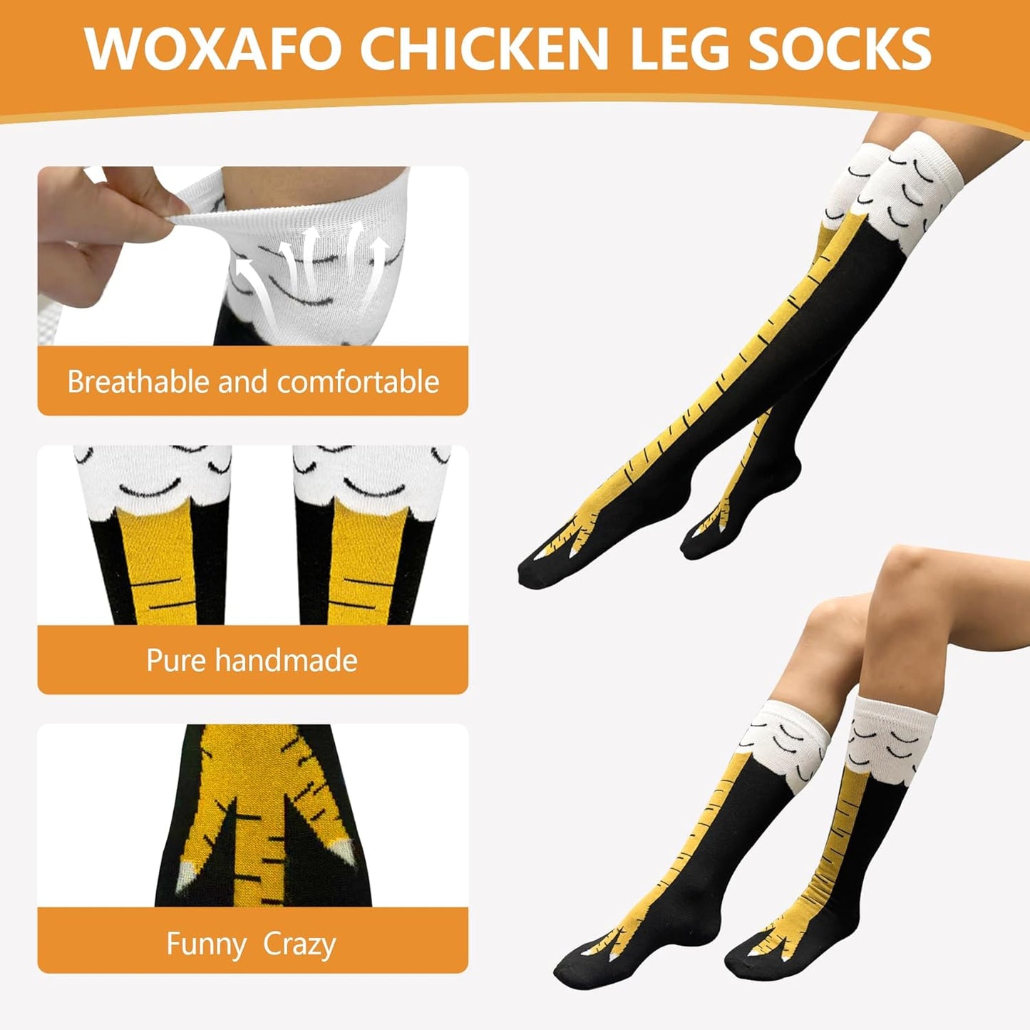 2 Paar Hühnerschenkel Socken, WOXAFO 3D Neuheit Lustige Kniehohe & Wadenhohe Hühnerkostüm Fußsocken, Tierpfoten Socke für Damen Herren Thanksgiving Weihnachten Geburtstag Party Strumpffüller Geschenke