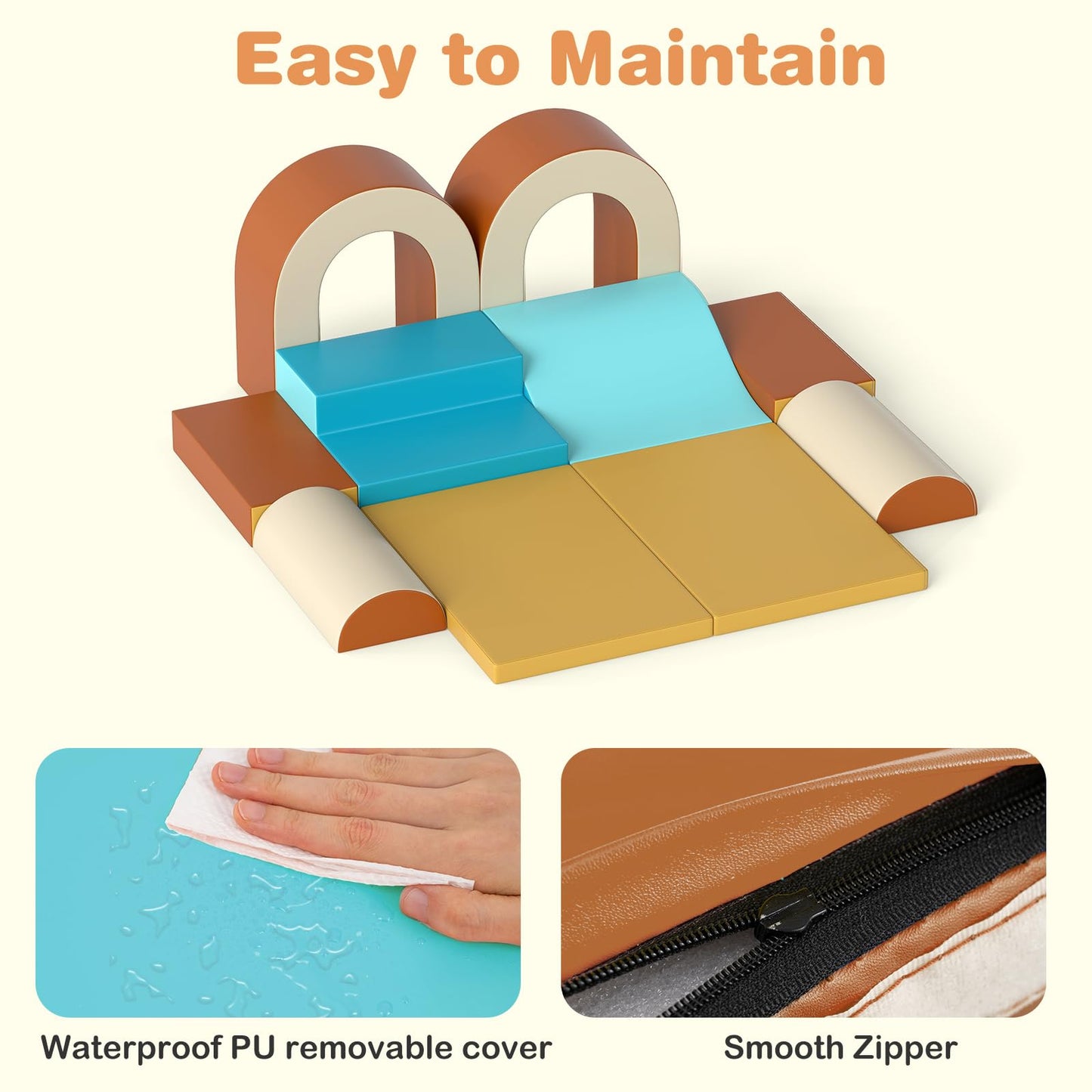 Olakids Toddler Climbing Toys Indoor, 10 Pieces Baby Foam Blocks Soft Play Set with PU Leather, Kids Climb Crawling Activity Gym Playground for 1+ Years (Brown)