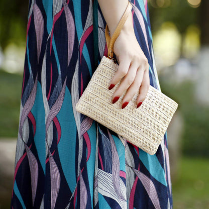 COOKOOKY Damen Stroh-Clutch, böhmische Reißverschluss-Handgelenktasche, Sommer Strand Meer Geldbörse (Beige-Weiß)