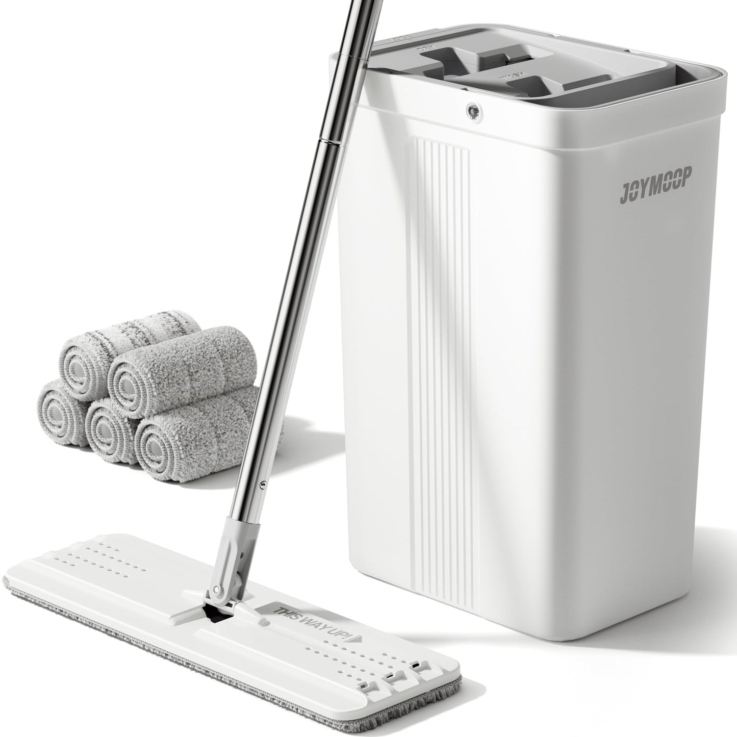 JOYMOOP Wischmopp und Eimer mit Auswringsystem, Freihand-Flachmopp und Eimer, mit 3 waschbaren Mikrofaserpads, Nass- und Trockengebrauch, Bodenreinigungssystem