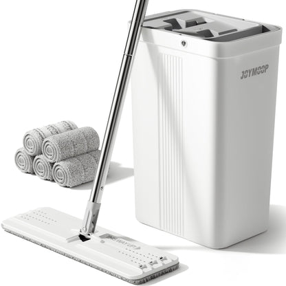 JOYMOOP Wischmopp und Eimer mit Auswringsystem, Freihand-Flachmopp und Eimer, mit 3 waschbaren Mikrofaserpads, Nass- und Trockengebrauch, Bodenreinigungssystem