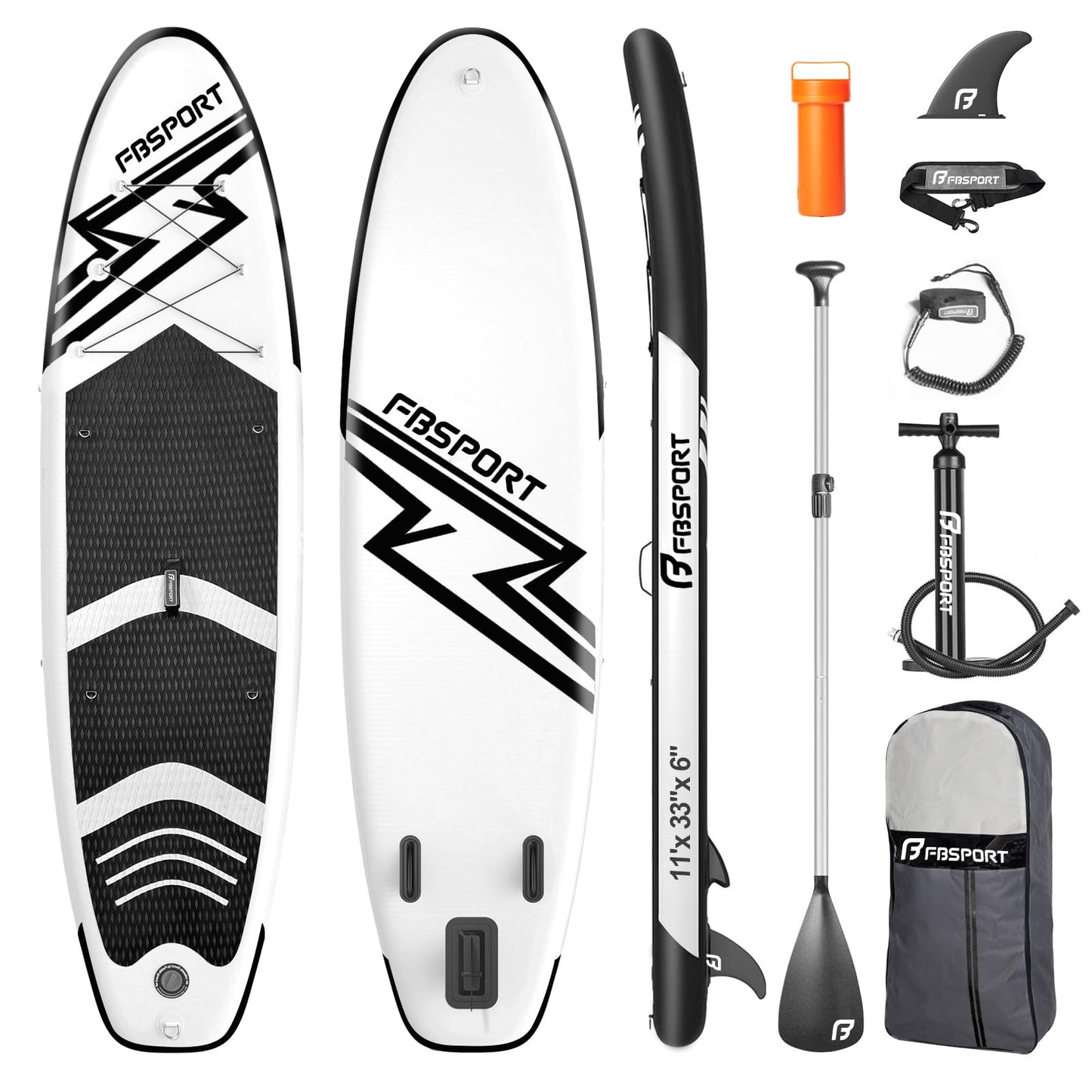 FBSPORT 11' Premium Stand Up Paddle Board, Yoga Board with SUP Accessories & Carry Bag | Wide Stance, Surf Control, Non-Slip Deck, Leash, Paddle and Pump for Youth & Adult