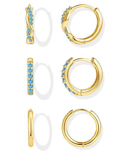 Inerney 14K Gold Plated Huggie Hoop Earrings for Women, Small Sterling Silver Earring Set Hypoallergenic Cartilage Helix Stacks, Mini Dainty Cute Trendy Birthstone Jewelry Gift for Multiple Piercings