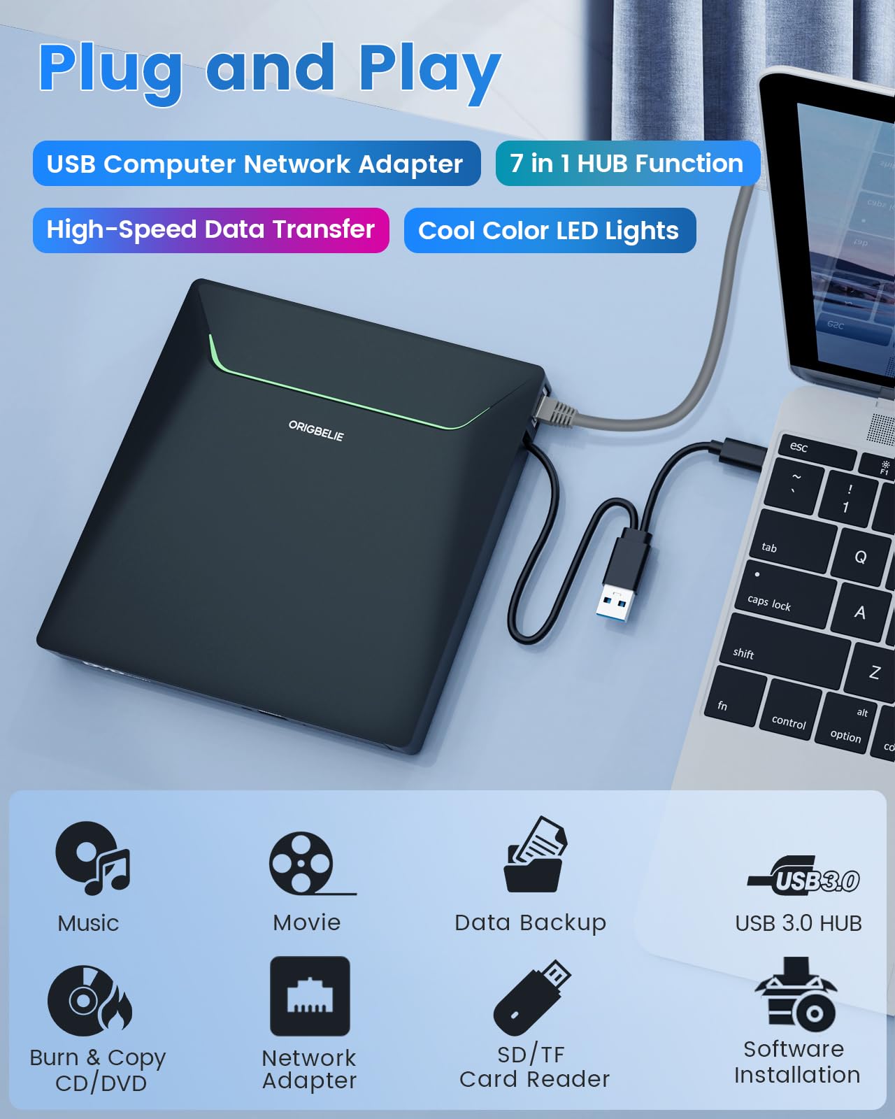 ORIGBELIE externes DVD-Laufwerk, CD-Laufwerk USB 3.0 Typ-C CD/DVD ROM +/-RW Adapter mit USB-Anschluss DVD-Brenner für Laptop, PC, Desktop-Computer, optisches Laufwerk CD-Player kompatibel mit Mac Windows Linux