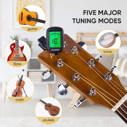 AARVI Clip-On Gitarrenstimmgerät für alle Instrumente, Akustik-/E-Gitarre, Ukulele, Bass, Violine, Banjo, großes, klares LCD-Display zum Stimmen der Gitarre, chromatisches Stimmgerät, 4 Gitarrenplektren inklusive