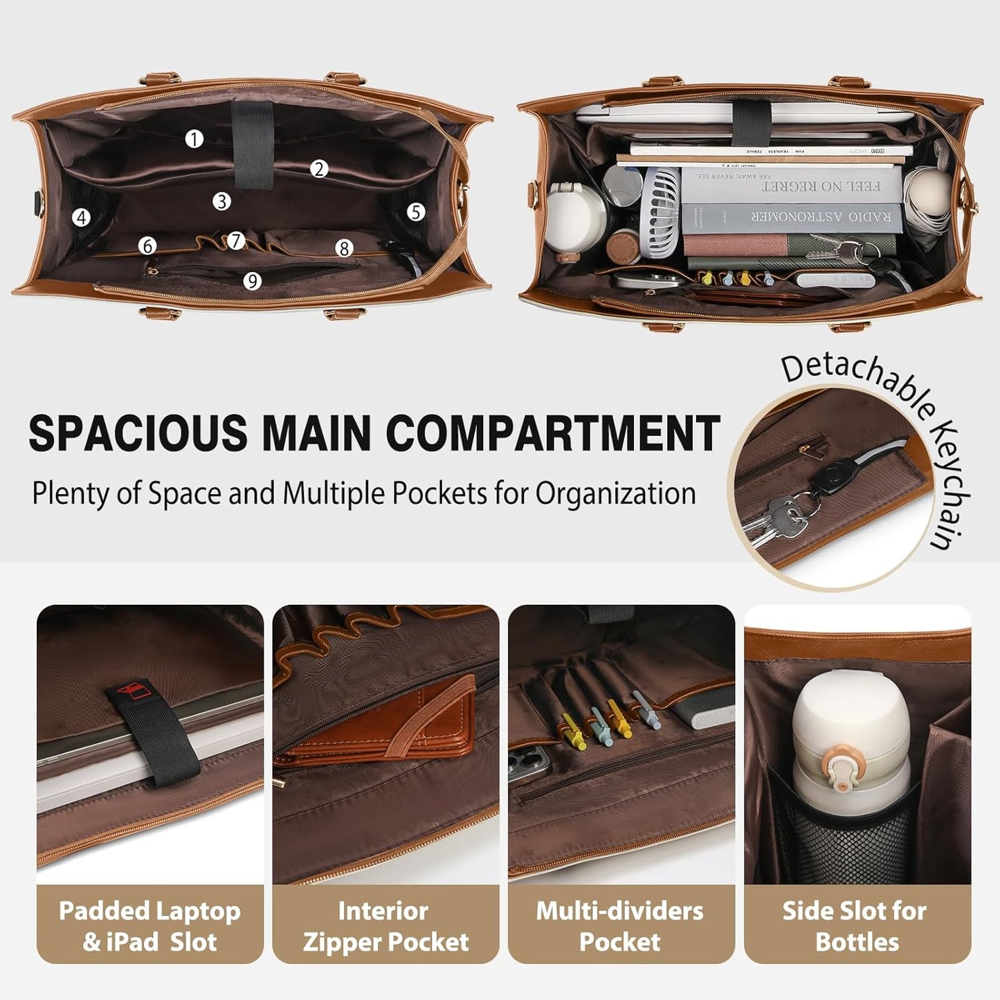 RAINSMORE Laptop Bag for Women 15.6 Inch Work Tote Bag with Detachable Strap & Bow Leather Laptop Tote with Cup Holder