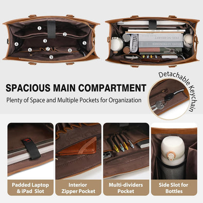 RAINSMORE Laptop Bag for Women 15.6 Inch Work Tote Bag with Detachable Strap & Bow Leather Laptop Tote with Cup Holder