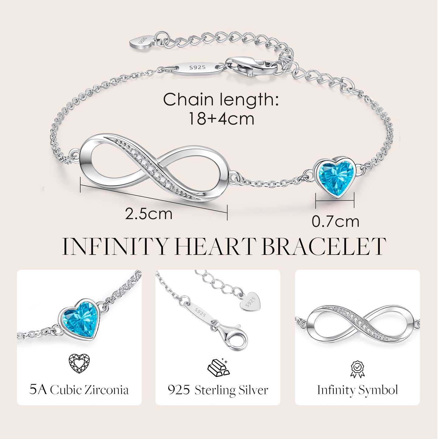 CDE Valentinstagsgeschenk Infinity Herz Geburtsstein Charm Gliederarmband für Damen 925 Sterling Silber Verstellbares Muttertags- Weihnachtsgeschenk Jubiläums- Geburtstags-Schmuck für Ehefrau Freundin Sie