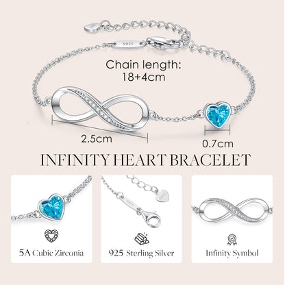 CDE Valentinstagsgeschenk Infinity Herz Geburtsstein Charm Gliederarmband für Damen 925 Sterling Silber Verstellbares Muttertags- Weihnachtsgeschenk Jubiläums- Geburtstags-Schmuck für Ehefrau Freundin Sie