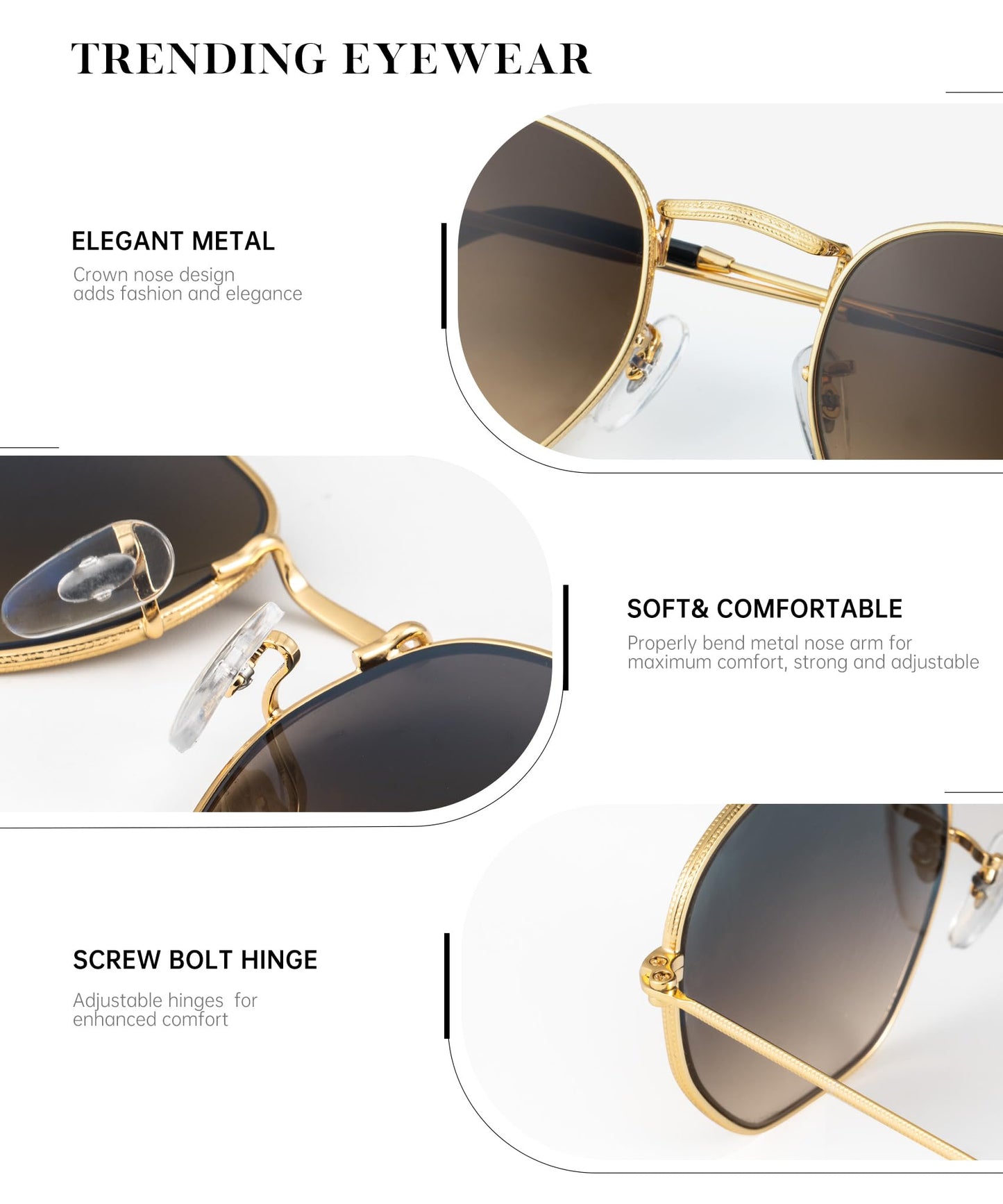 KALIYADI Sonnenbrillen für Damen und Herren Polarisiert Hexagon Damensonnenbrillen Trendy Metallrahmen UV-Schutz (Gold Rahmen Grau Linse)