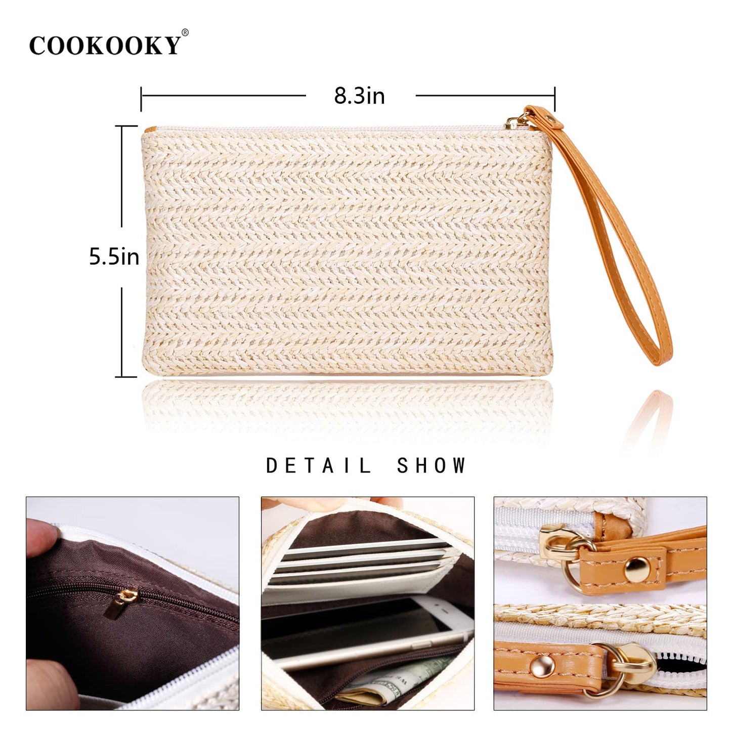COOKOOKY Damen Stroh-Clutch, böhmische Reißverschluss-Handgelenktasche, Sommer Strand Meer Geldbörse (Beige-Weiß)