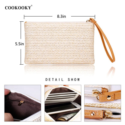 COOKOOKY Damen Stroh-Clutch, böhmische Reißverschluss-Handgelenktasche, Sommer Strand Meer Geldbörse (Beige-Weiß)