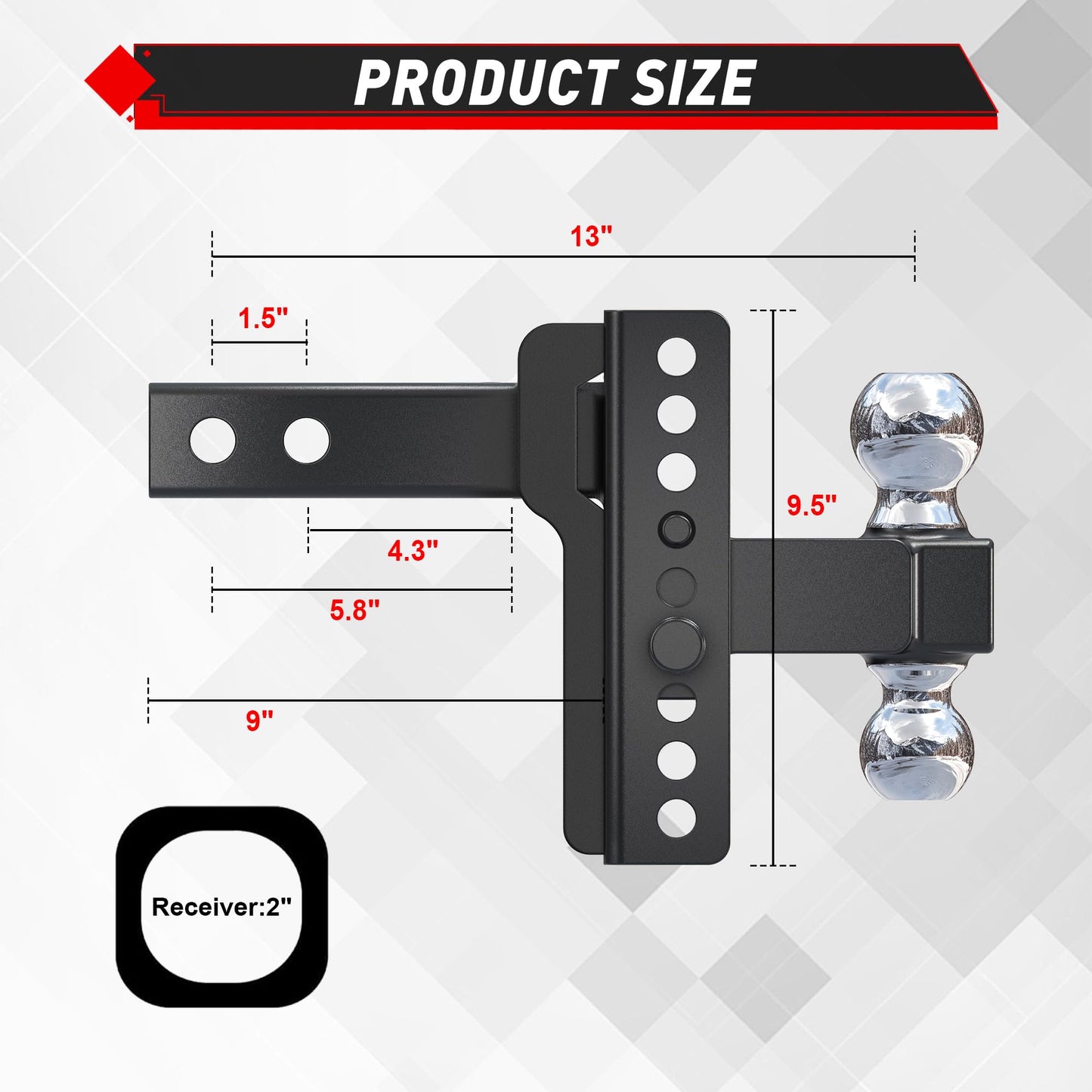 TYT Adjustable Truck Trailer Hitch for 2 inch Receiver, 6" Drop/Rise Tow Hitch with Dual Balls (2" & 2-5/16"), Compatible with Heavy-Duty Trailer Systems up to 20,000 lbs, Includes Hitch Tightener