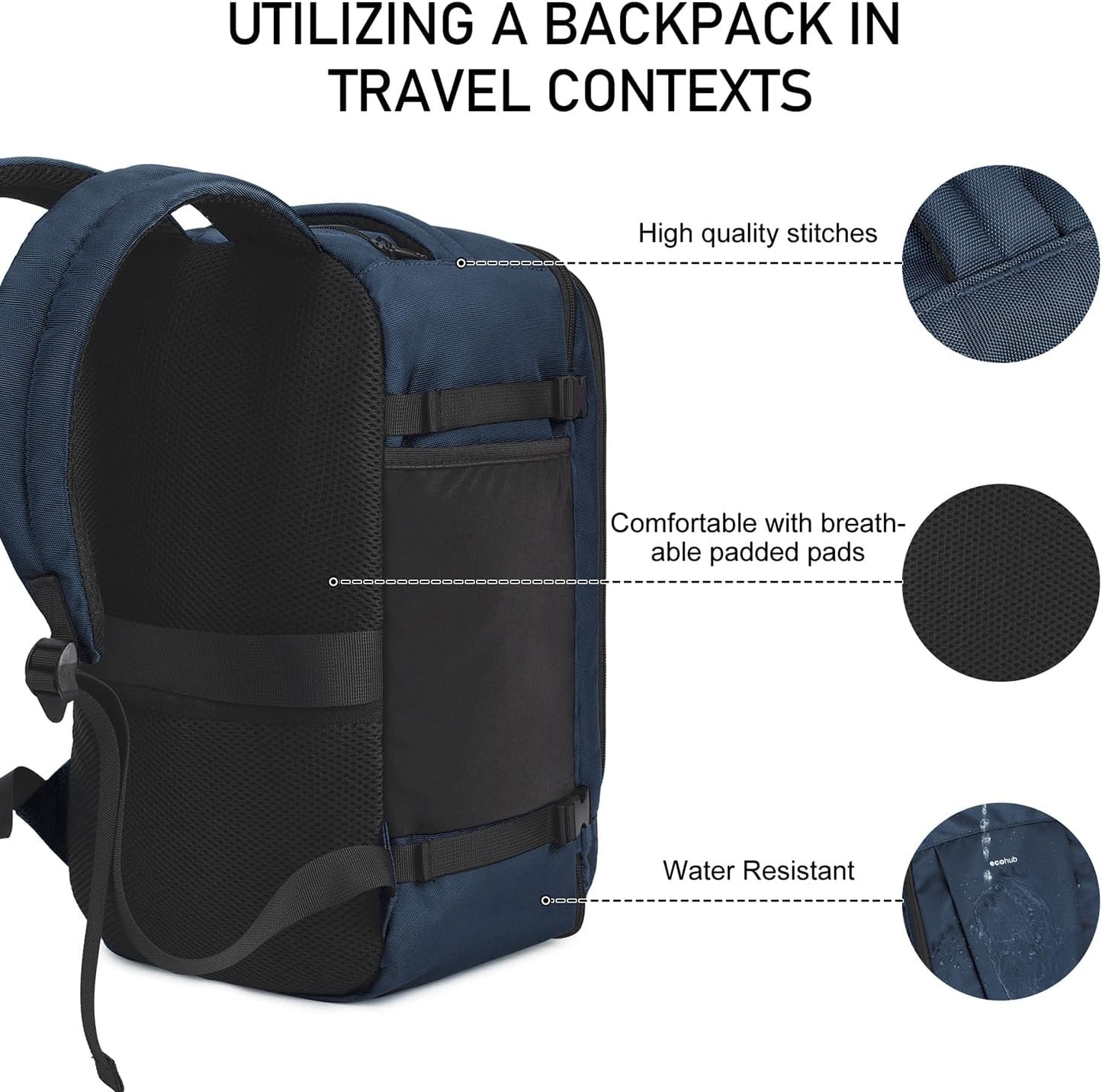 ECOHUB 16'' Reise-Rucksack Handgepäck Unterseat-Rucksack Persönlicher Gegenstand Flugzeug-Reisetasche mit 13 Taschen Handgepäck Flaschenhalter USB-Ladeanschluss Casual Daypack für Frauen Männer Schwarz