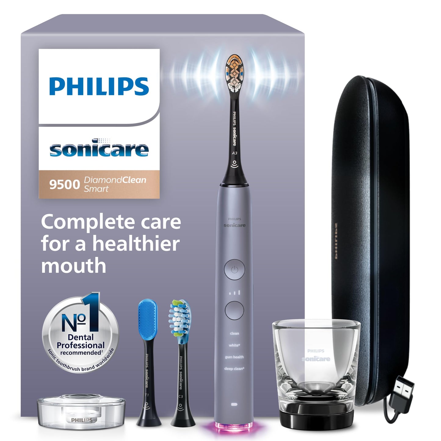 Philips Sonicare DiamondClean Smart 9500 Electric Toothbrush - Sonic Toothbrush with App, Pressure Sensor, 15 Brushing Settings, Replacement Reminder, USB Charging Travel Case, Black, Model HX9923/11