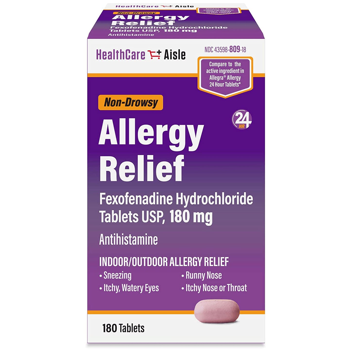 HealthCareAisle Allergy Relief - Fexofenadine Hydrochloride Tablets USP, 180 mg - 180 Tablets - Allergy Medication, Non-Drowsy 24-Hour Relief, (Pack of 2)