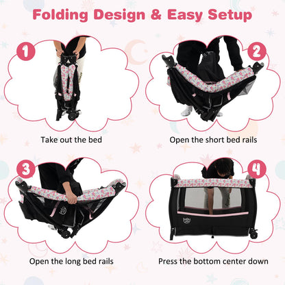 BABY JOY 4 in 1 Pack and Play, Portable Baby Playard with Bassinet & Flip-Away Changing Table, Canopy, Portable Bedside Crib with Storage Basket, Oxford Bag, Infant Bassinet from Newborn to Toddlers