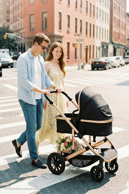 INFANS 2 in 1 Baby Stroller, Folding Newborn Pram Convertible Stroller Bassinet for Infant Foldable High Landscape Shock Absorption with Reversible Seat Aluminum Structure for Pushchair