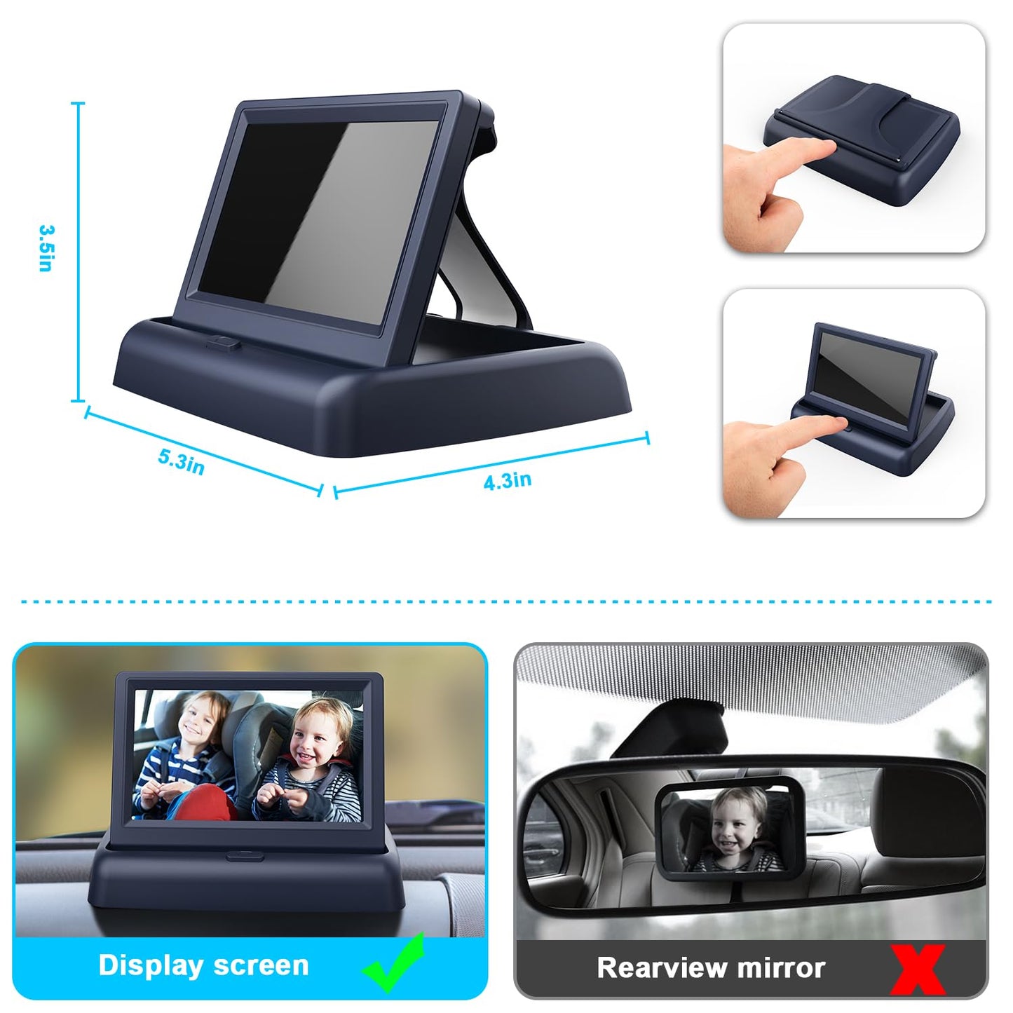 Baby Car Mirror with 4.3'' HD Night Vision Function Display, Safety Car Seat Camera with Wide Crystal Clear View, Easily Observe The Baby’s Move(Not USB)