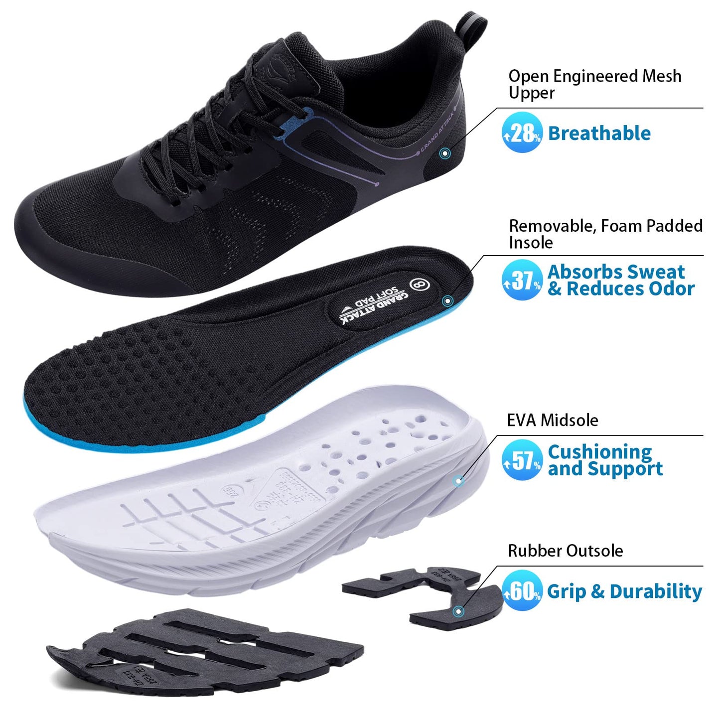 Grand Attack Men's Road Running Walking Shoes | Max Cushioned Comfort | Durable Non-Slip | Breathable Athletic Tennis Cross-Training Sneakers
