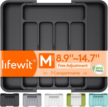 Lifewit Cutlery Organizer, Expandable Utensil Organizer for Kitchen, Utensil Holder, Adjustable Cutlery Tray Drawer Organizer for Spoons, Knives, Kitchen Organizers and Storage, Black