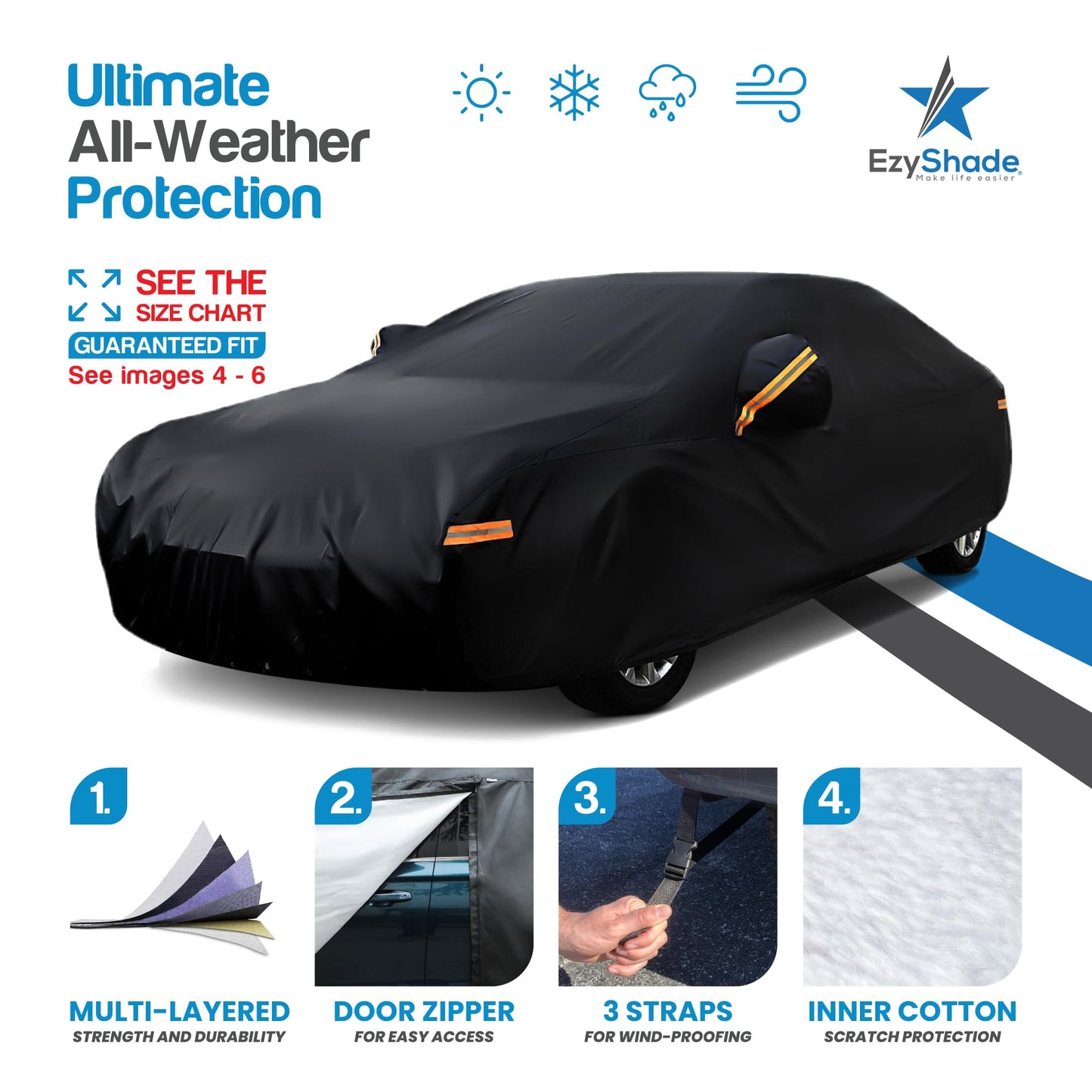 EzyShade 10-Schicht Autoabdeckung Wasserdicht Allwetter - Siehe Fahrzeug-Größentabelle - Autoabdeckungen für Automobile & Auto Schneeabdeckung - Komplette Außenabdeckungen - Winter Regen Sonne SUV Limousine. Größe A4 (Siehe Größentabelle)