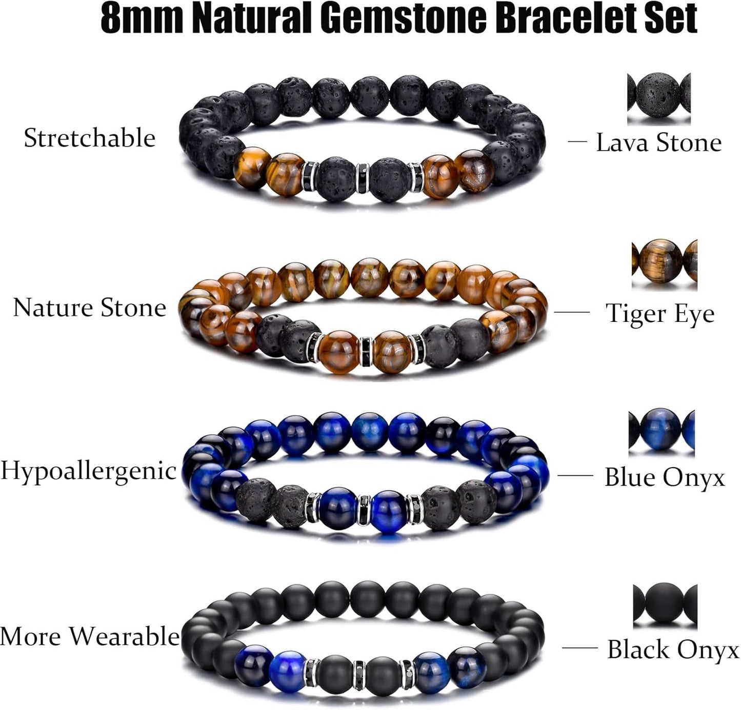 Tigerauge Armband für Herren 8MM Natursteinperlen Armband Set Stretch Lava Stein Armbänder Verstellbares Schwarzes Kristallperlenarmband für Herren Damen Geschenke