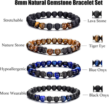 Tigerauge Armband für Herren 8MM Natursteinperlen Armband Set Stretch Lava Stein Armbänder Verstellbares Schwarzes Kristallperlenarmband für Herren Damen Geschenke