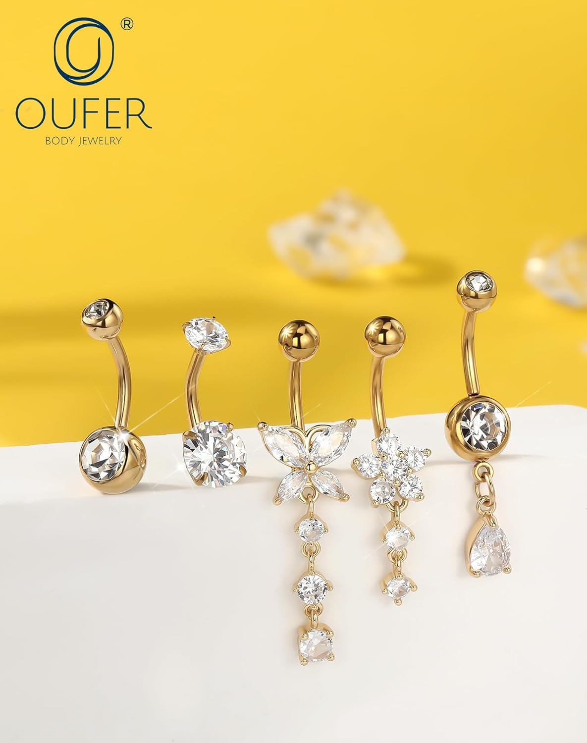 OUFER 5x Bauchnabelpiercings baumelnd – 14G Chirurgischer Stahl Bauchnabelpiercing, Hypoallergener Bauchnabelring mit Zirkonia Schmetterling Blume Tropfen Langhantel für Strand, Festival, Fitnessstudio