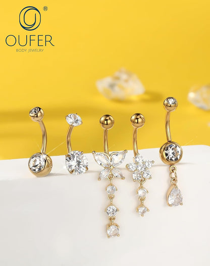OUFER 5x Bauchnabelpiercings baumelnd – 14G Chirurgischer Stahl Bauchnabelpiercing, Hypoallergener Bauchnabelring mit Zirkonia Schmetterling Blume Tropfen Langhantel für Strand, Festival, Fitnessstudio
