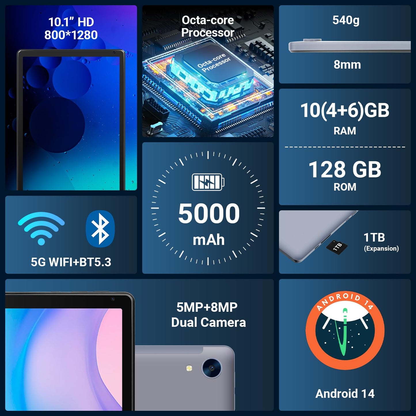 Tablet 10.1" Android Tablet, Octa-Core Processor, 10GB RAM+128GB ROM 1TB Expandable, Widevine L1 1280x800 IPS HD Touchscreen, 5MP+8MP Dual Camera Face Unlock, 5000mAh Battery WiFi 6 BT5.3,Gray