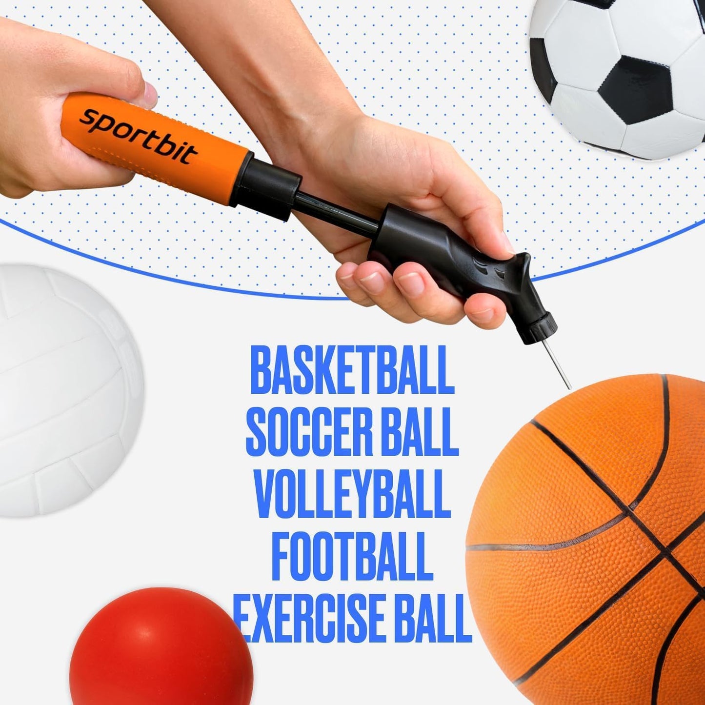 SPORTBIT Ballpumpe für Sportbälle - Basketballpumpe, Volleyballpumpe, Fußballpumpe - Handpumpe für alle Sportbälle - Push & Pull Aufblassystem - Inklusive 5 Nadeln