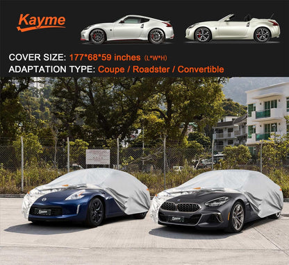 Kayme 6 Lagen Autoabdeckung, maßgeschneidert für Ford Mustang/Shelby (1964-2025), wasserdicht, für jedes Wetter, für Automobile, Outdoor, Vollschutz vor Regen, Sonne, UV-Strahlung. Silber