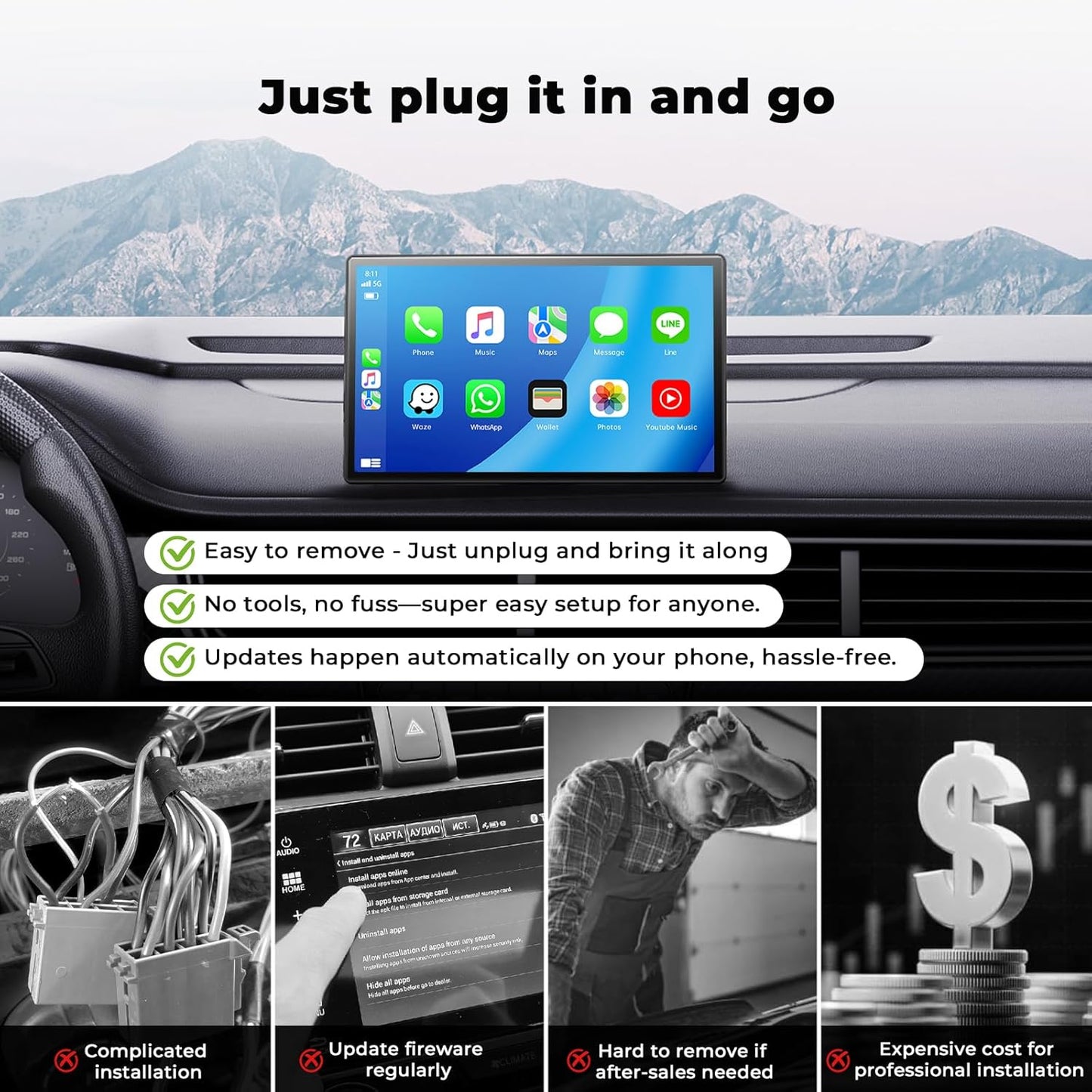 Volam 9'' Apple CarPlay Bildschirm für Auto, Kompatibel mit Apple CarPlay & Android Auto, Tragbarer CarPlay Bildschirm mit Rückfahrkamera, Mirror Link, Bluetooth, GPS Navigation, Sprachassistent