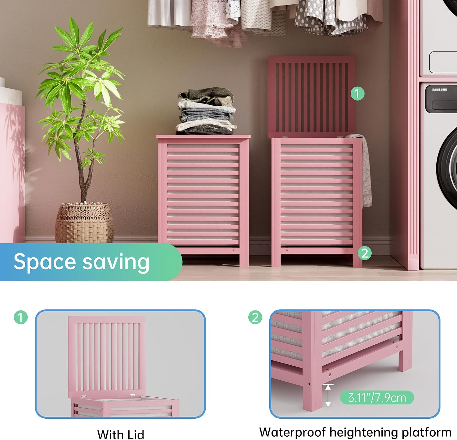 SMIBUY Double Laundry Hamper with Lid, 120L Bamboo Laundry Basket with Removable Liner Bag, 2-Section Clothes Divider Laundry Sorter for Laundry Room, Bathroom, Bedroom (Pink)