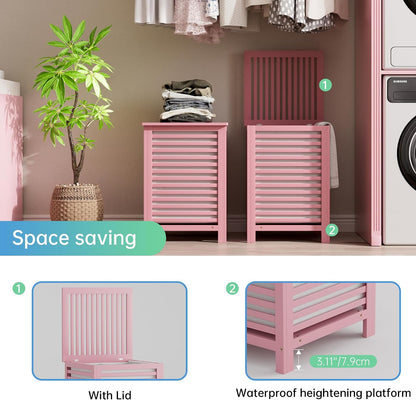 SMIBUY Double Laundry Hamper with Lid, 120L Bamboo Laundry Basket with Removable Liner Bag, 2-Section Clothes Divider Laundry Sorter for Laundry Room, Bathroom, Bedroom (Pink)