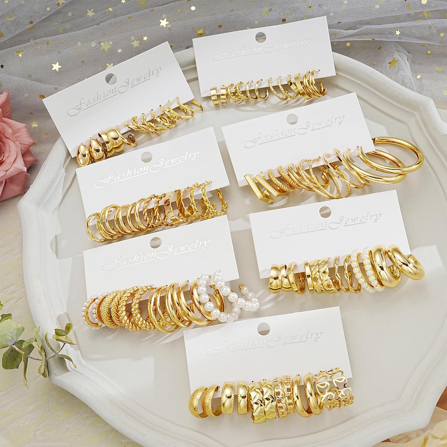 42 Paar goldene Creolen für Damen, Modisches klobiges Perlenohrring-Multipack, gedrehter Statement-Ohrring-Pack, hypoallergene kleine große Creolen für Geburtstagsfeiern (Gold-42 Paare)