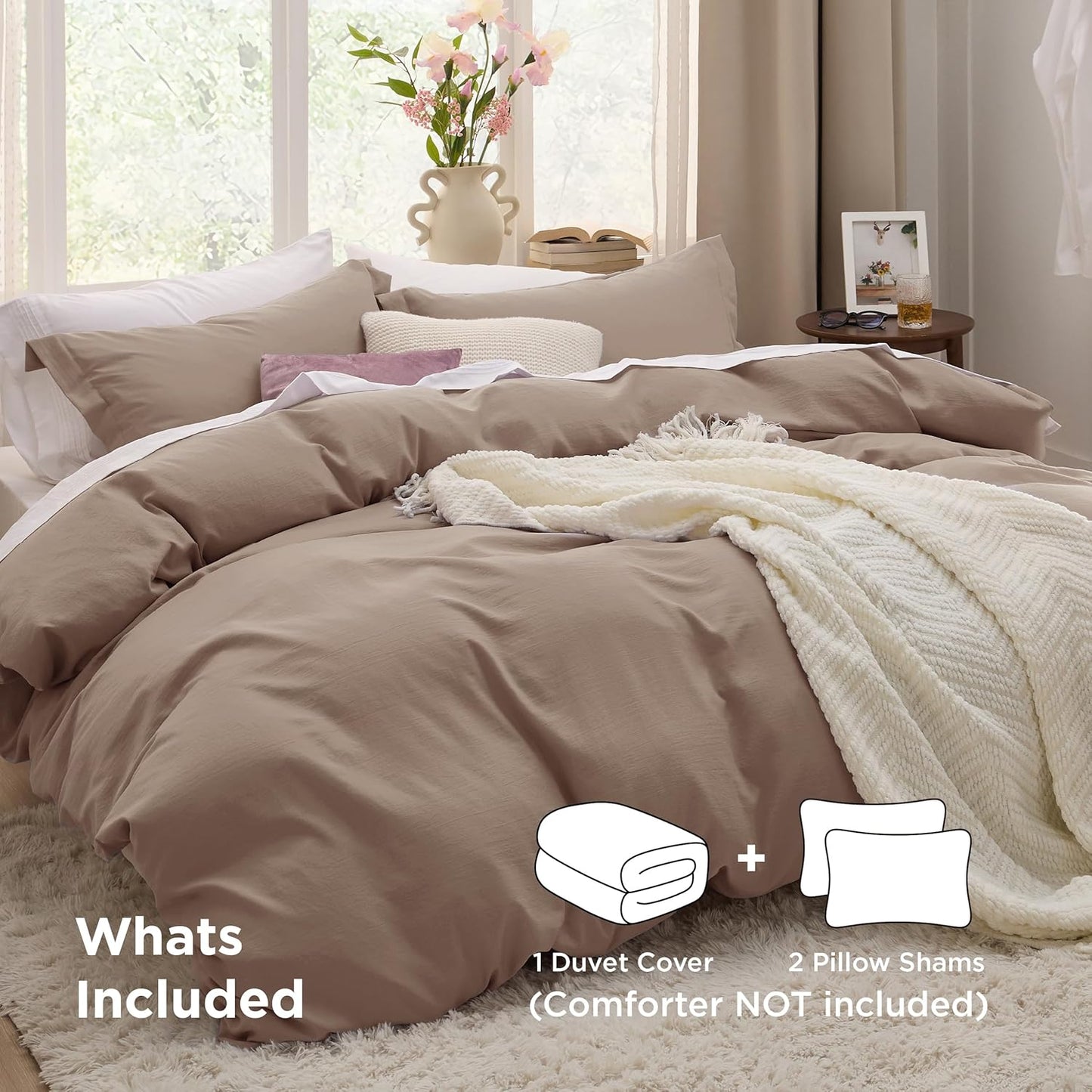 Funda nórdica blanca Bedsure, tamaño Queen, 3 piezas, aspecto de algodón prelavado, juego de cama extrasuave, incluye 1 funda nórdica de 228 x 228 cm con cierre de cremallera y 2 fundas de almohada, edredón no incluido