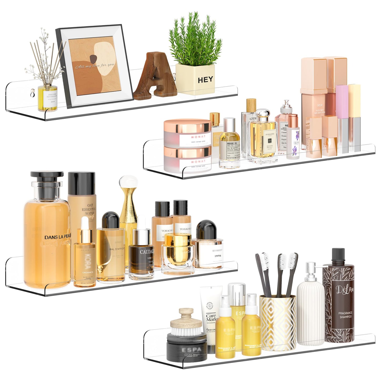 Qukaka Floating Shelves for Wall Decor, 15" Extra Clear Wall Shelves for Bedroom, Living Room, Kitchen, Bathroom Decor, Nail Polish/Book/Decoration/Makeup/Perfume Organizer Floating Shelf-3Pack