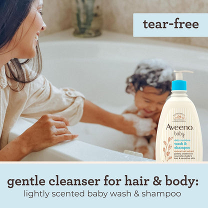 Aveeno Baby Wash and Shampoo - Gentle 2-in-1 Body Wash with Natural Oat Extract for Sensitive Skin - Tear-Free, Hypoallergenic Cleanser, Free from Parabens, Sulfates & Dyes - 975ml