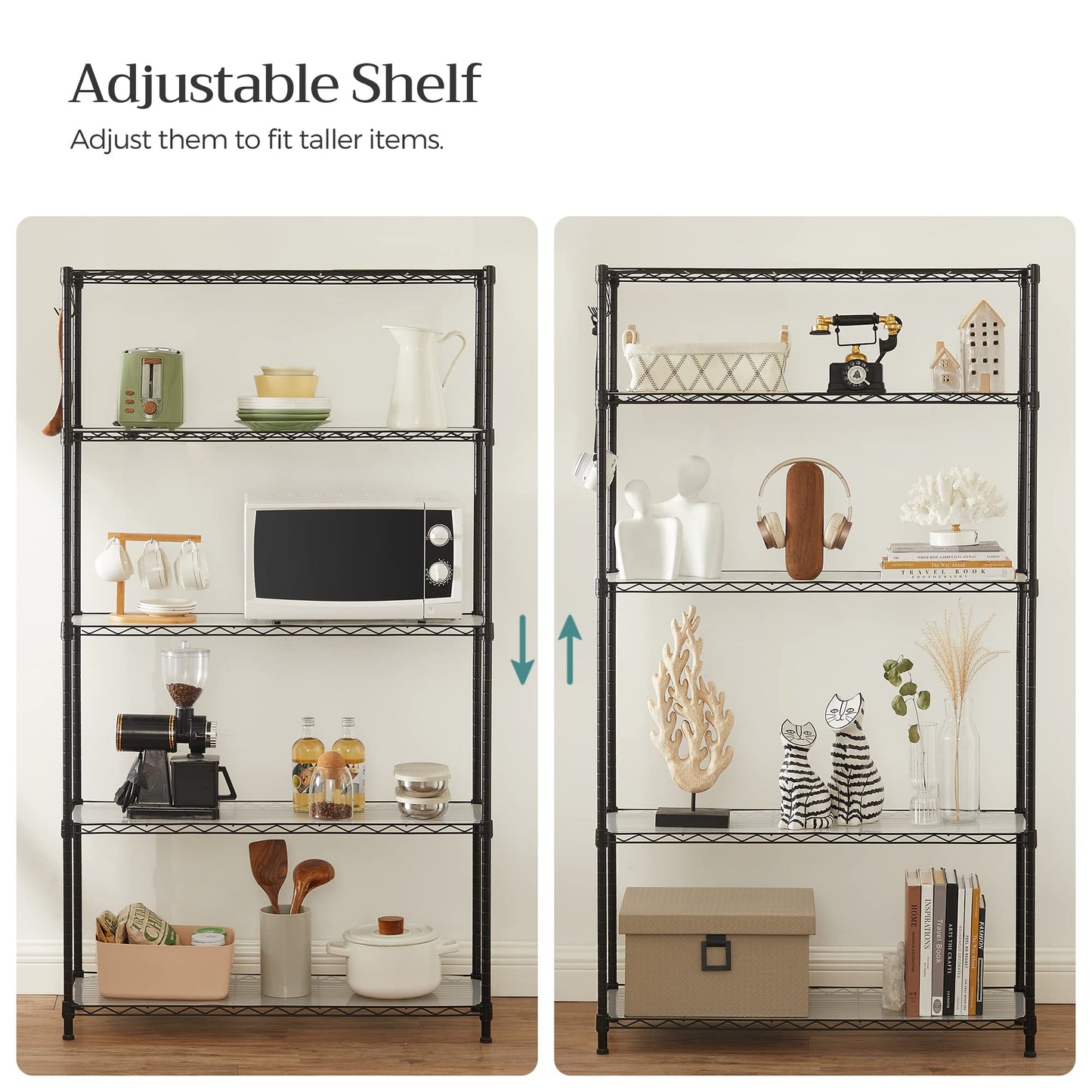 SONGMICS Storage Shelf, Small Metal Wire Shelving Unit, Adjustable Shelves, for Small Spaces, Garage, Bedroom, Living Room, Kitchen, Pantry, 5 Tier, 11.8 x 11.8 x 47.6 Inches, Ink Black ULGR123BH01