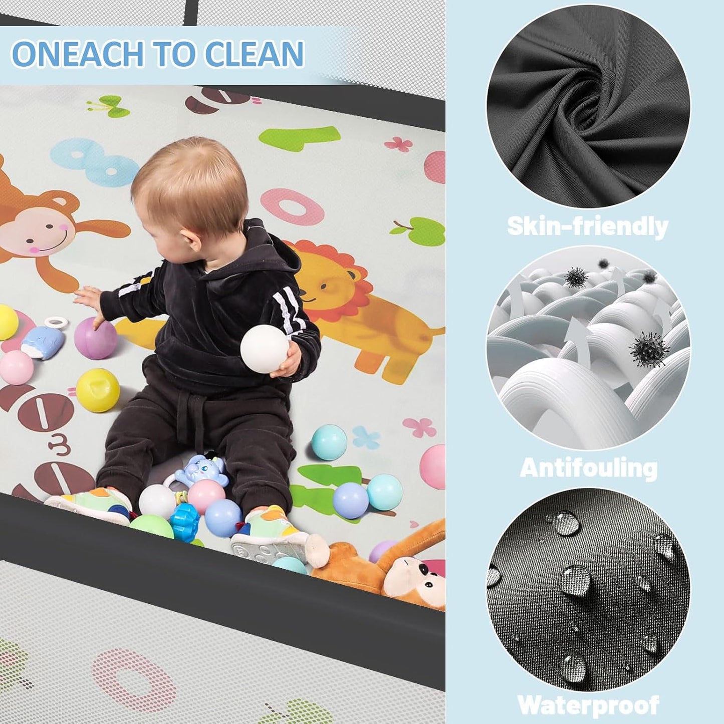 Palopalo Baby Laufgitter, 180x150cm Extra Großer Laufstall für Babys und Kleinkinder, Baby-Aktivitätszentrum mit 8 Saugnapfbasen, Baby-Laufstall mit Tür und weichem, atmungsaktivem Netz, Ohne Matte