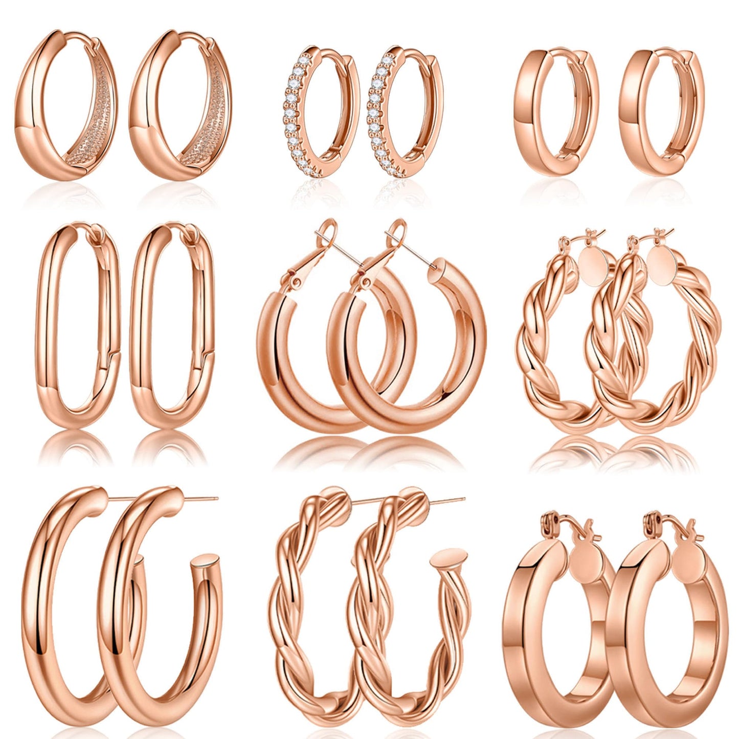 Yesteel 9 Pairs Gold Hoop Earrings for Women, 14K Real Gold Plated Chunky Hoop Earrings Set for Women Hypoallergenic Thick Lightweight Earring for Womens Jewelry Gifts