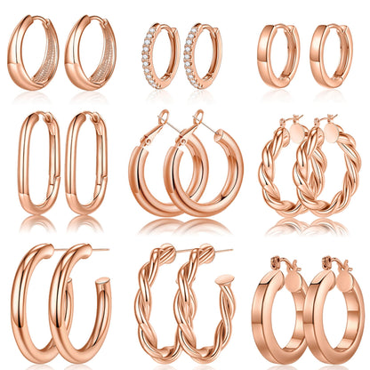 Yesteel 9 Pairs Gold Hoop Earrings for Women, 14K Real Gold Plated Chunky Hoop Earrings Set for Women Hypoallergenic Thick Lightweight Earring for Womens Jewelry Gifts