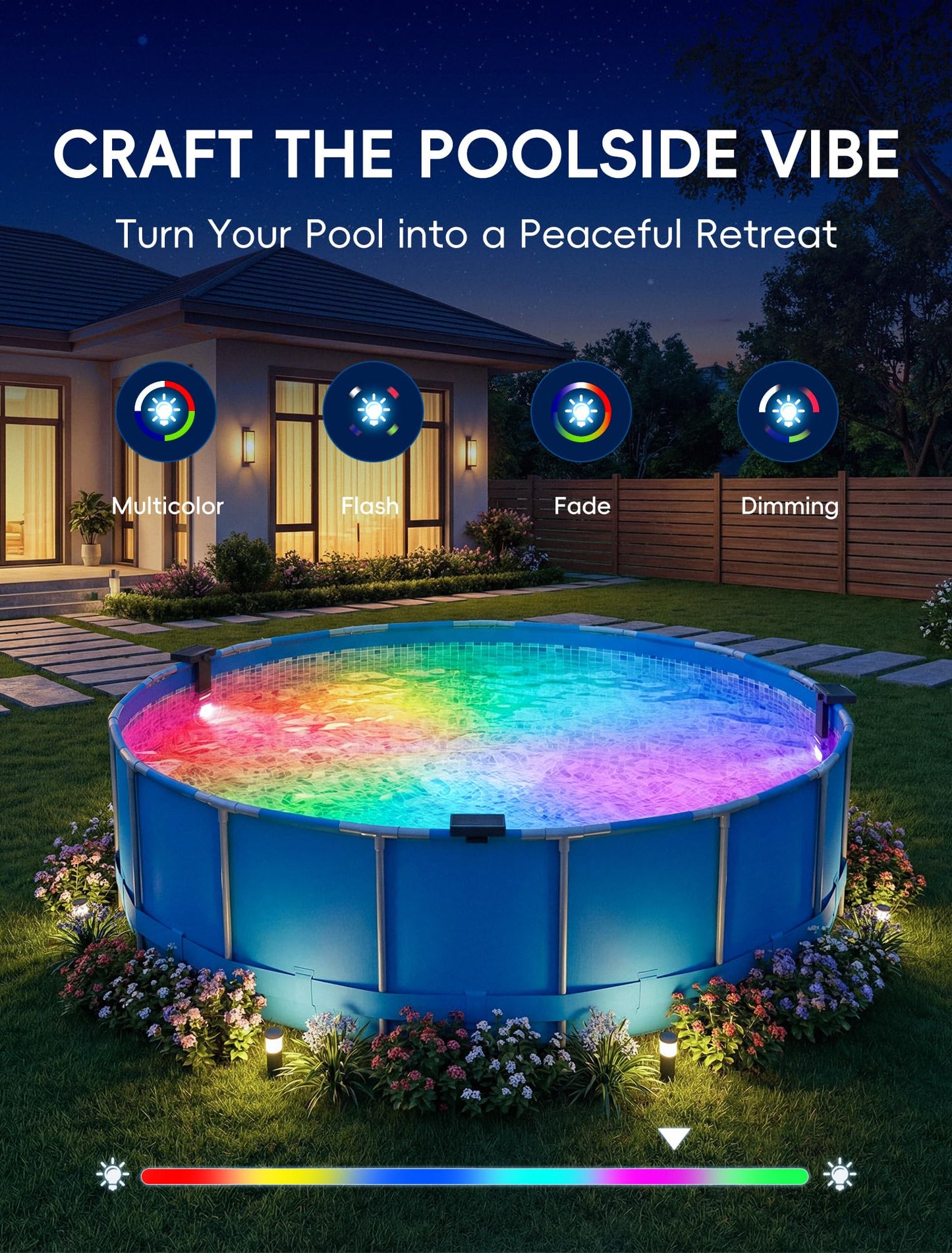 Solar Pool Lights Only for Metal Frame Above Ground Pools, 10-Color RGB 4-Mode LED Underwater Submersible Poolside Light with Auto Dusk Sensor, Waterproof Design, Remote & Timer Off, 1 Pack