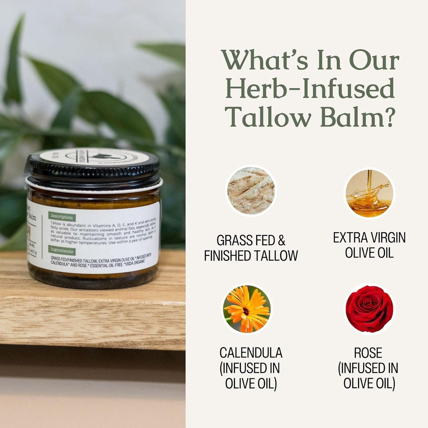 Hearth & Homestead Whipped Beef Tallow for Skin & Face - 100% Grass Fed, Eczema Cream & Body Butter - Organic Olive Oil, Calendula & Rose - Lotion & Hand Moisturizer for Dry Skin, Unscented, 1.3oz