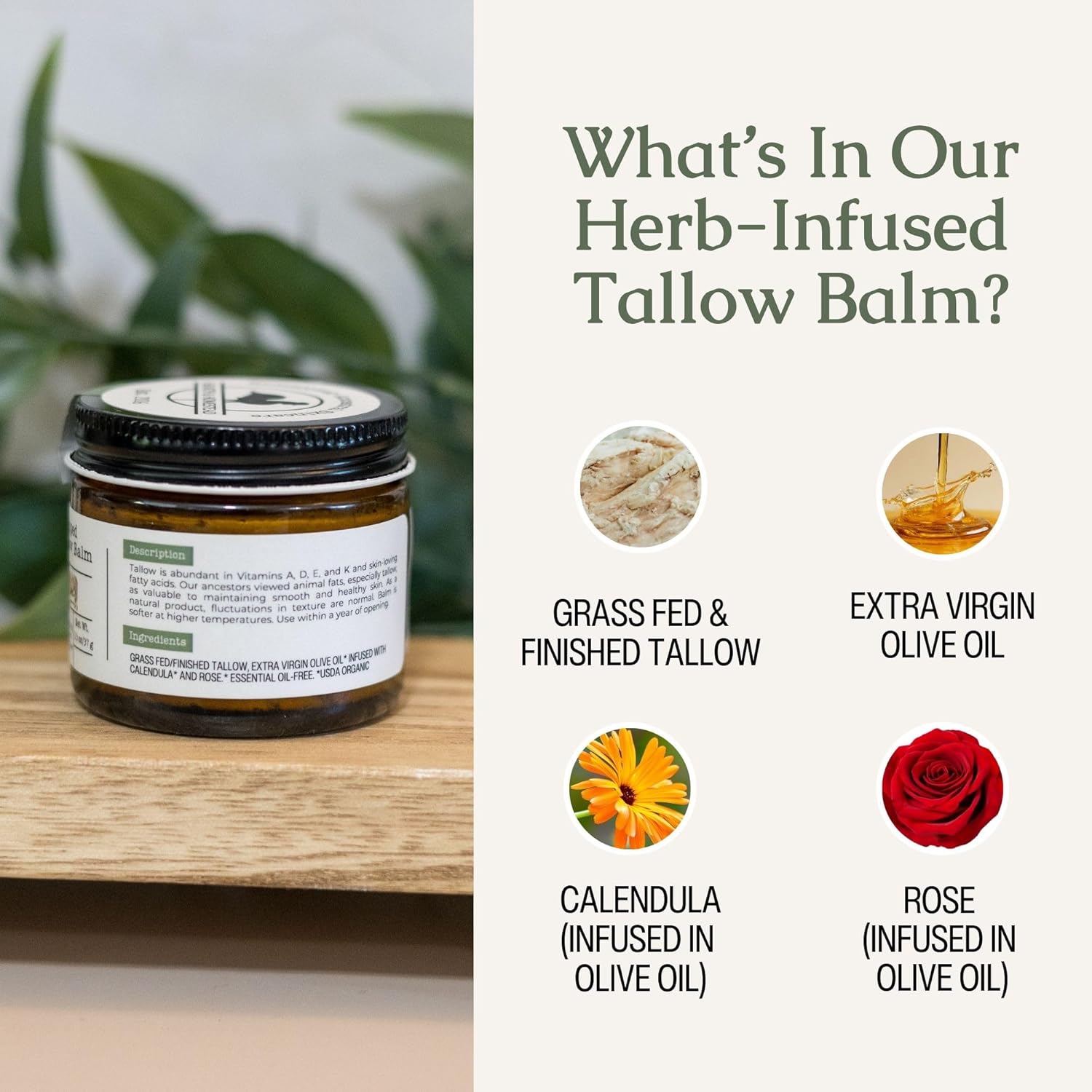 Hearth & Homestead Whipped Beef Tallow for Skin & Face - 100% Grass Fed, Eczema Cream & Body Butter - Organic Olive Oil, Calendula & Rose - Lotion & Hand Moisturizer for Dry Skin, Unscented, 1.3oz