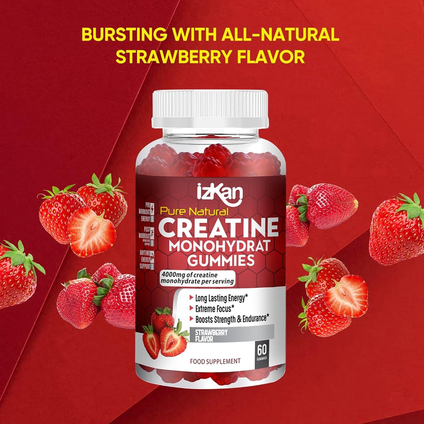 Pro Creatine Monohydrate Gummies 4000mg for Men & Women - 60 Chewable Creatine Gummies Strawberry Flavoured Creatine | Pre Workout Gym Supplement| Keto | Vegan | (3)
