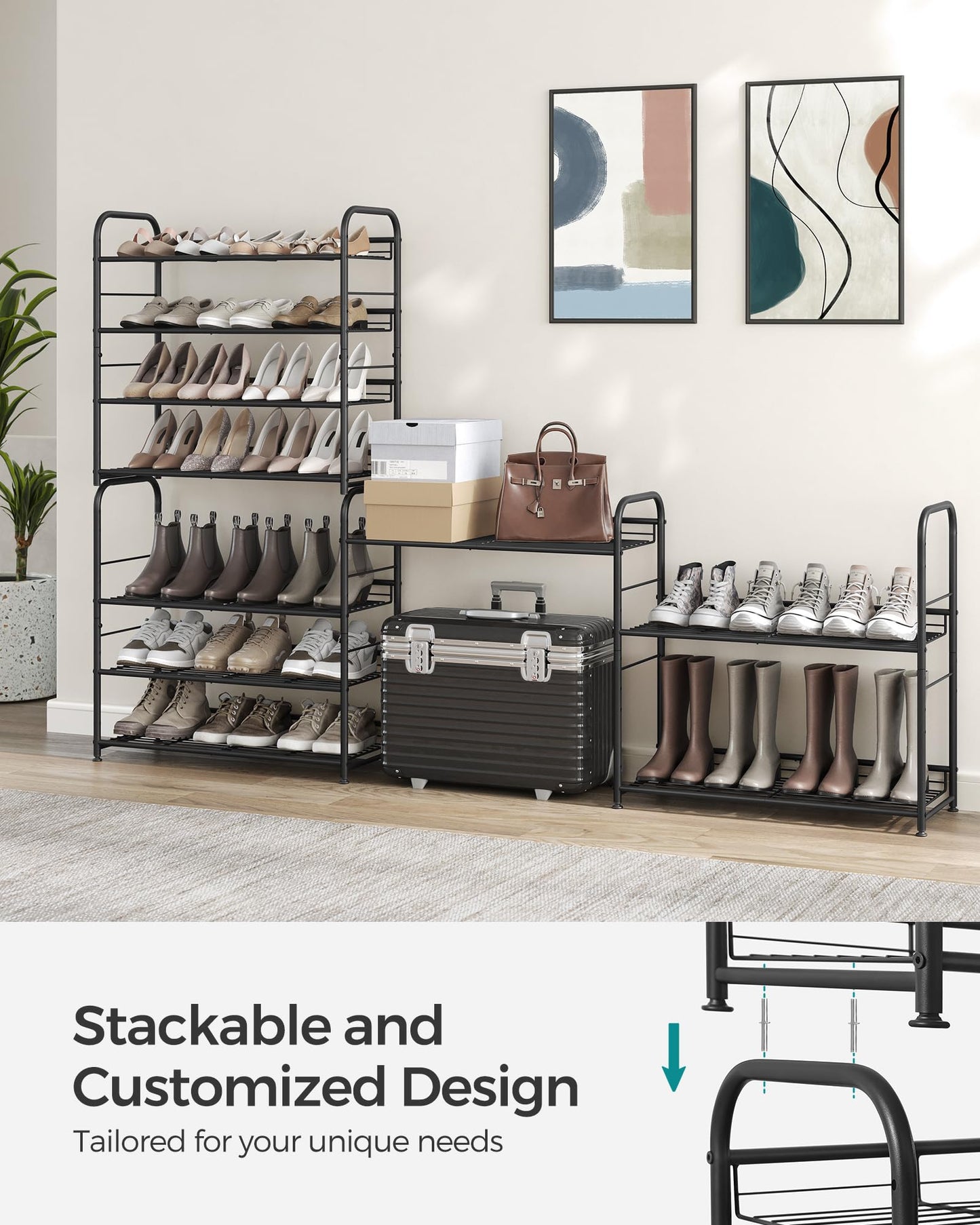 SONGMICS Stackable Shoe Rack, 4 Tier Metal Shoes Rack Storage Shelf, Holds up to 16 Pairs Shoes, Adjustable Slanted Shelves Tower Organizer for Closet Entryway Small Spaces, Bronze