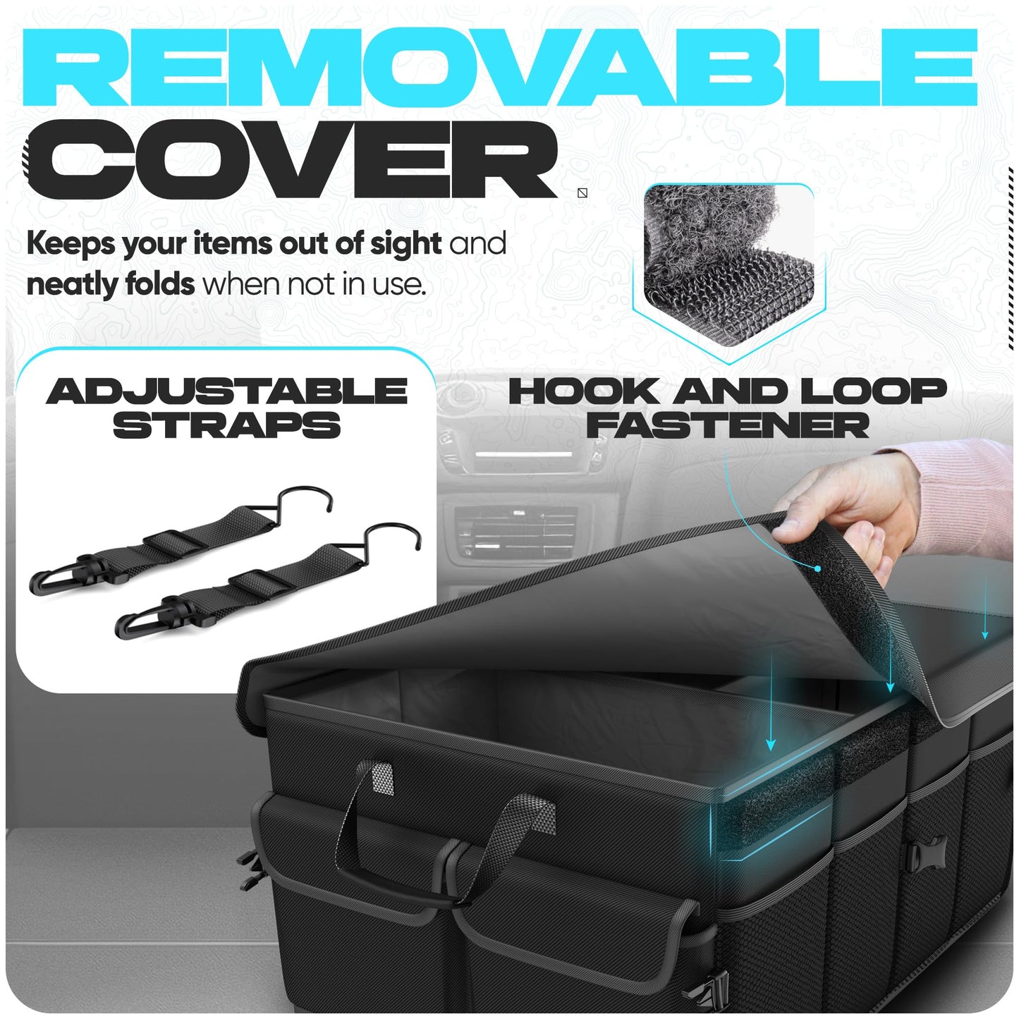 FORTEM Car Trunk Organizer, Collapsible Multi Compartment Car Organizer, Foldable SUV Storage for Car Accessories for Women Men, Non Slip Bottom, Securing Straps, Soft Cover 50L (Black, Standard)